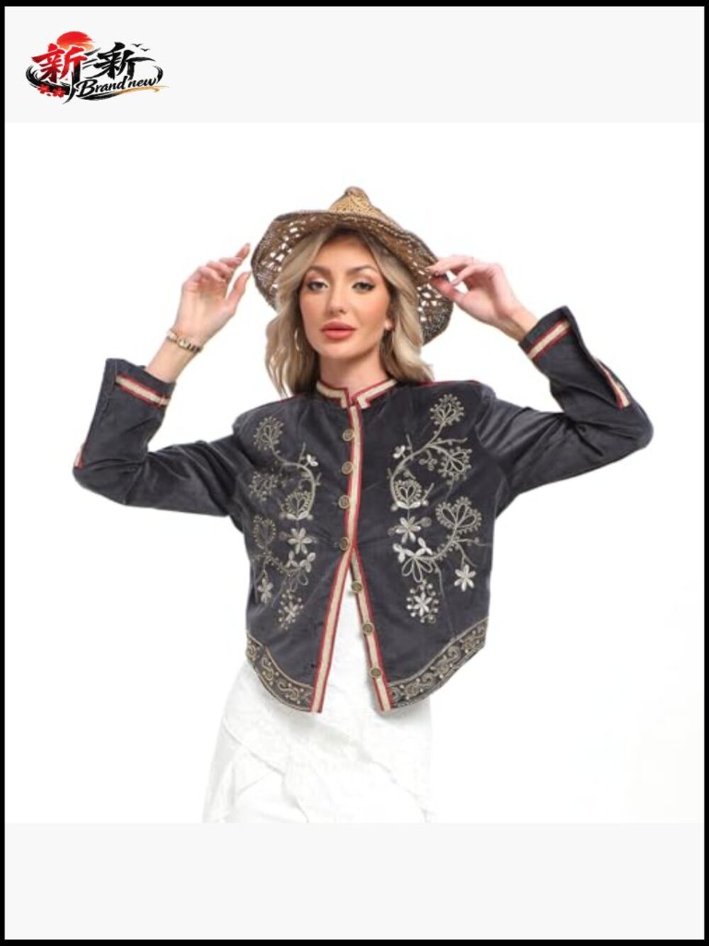 Retro Open Embroidered Jacket Bohemian Punk Coat Cotton Polyester - Picture 2 of 6